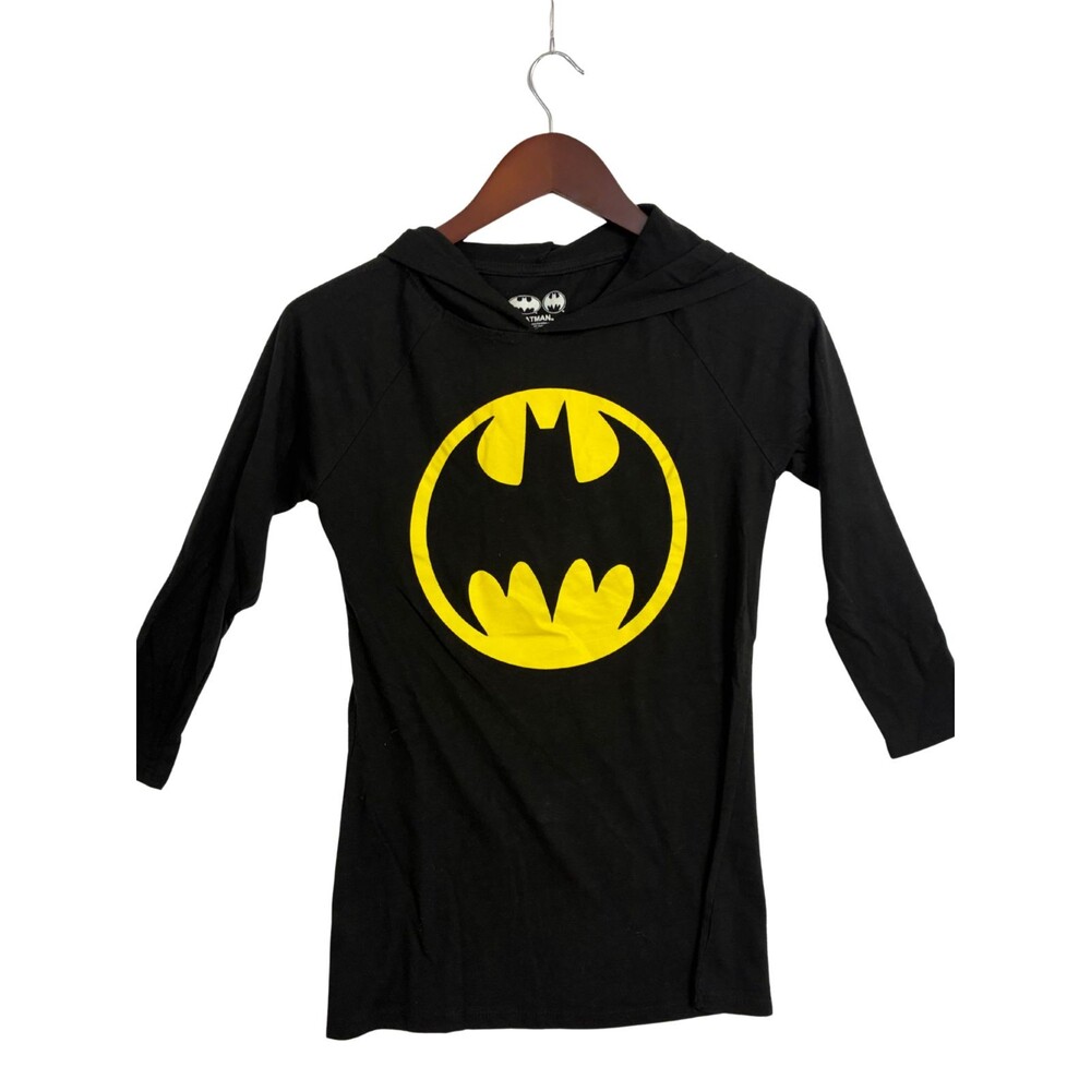 DC Comics Batman Hooded Shirt Mens M Black Yellow Logo Costume Bat Ears 3/4 Slee